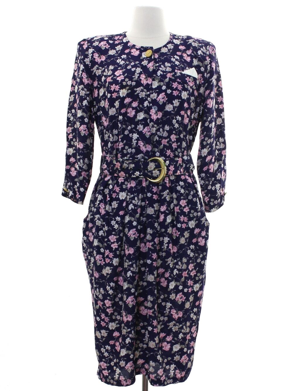 Vintage 80s SL Petites Floral Rayon Belted Dress Navy Size 12 Midi